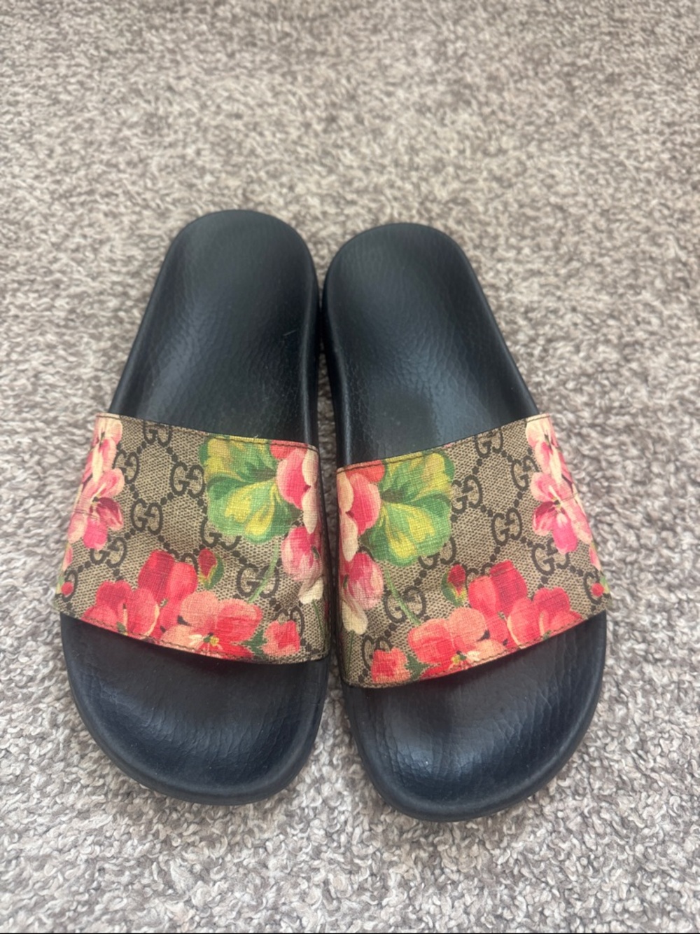 Authentic Gucci Black Slide Sandals with Floral Monogram Strap